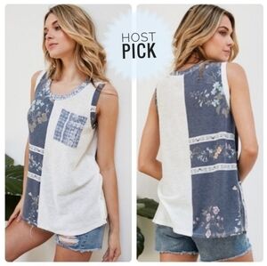 Color Blocked Floral & Plaid Sleeveless Tank Top with Outer Front Pocket…